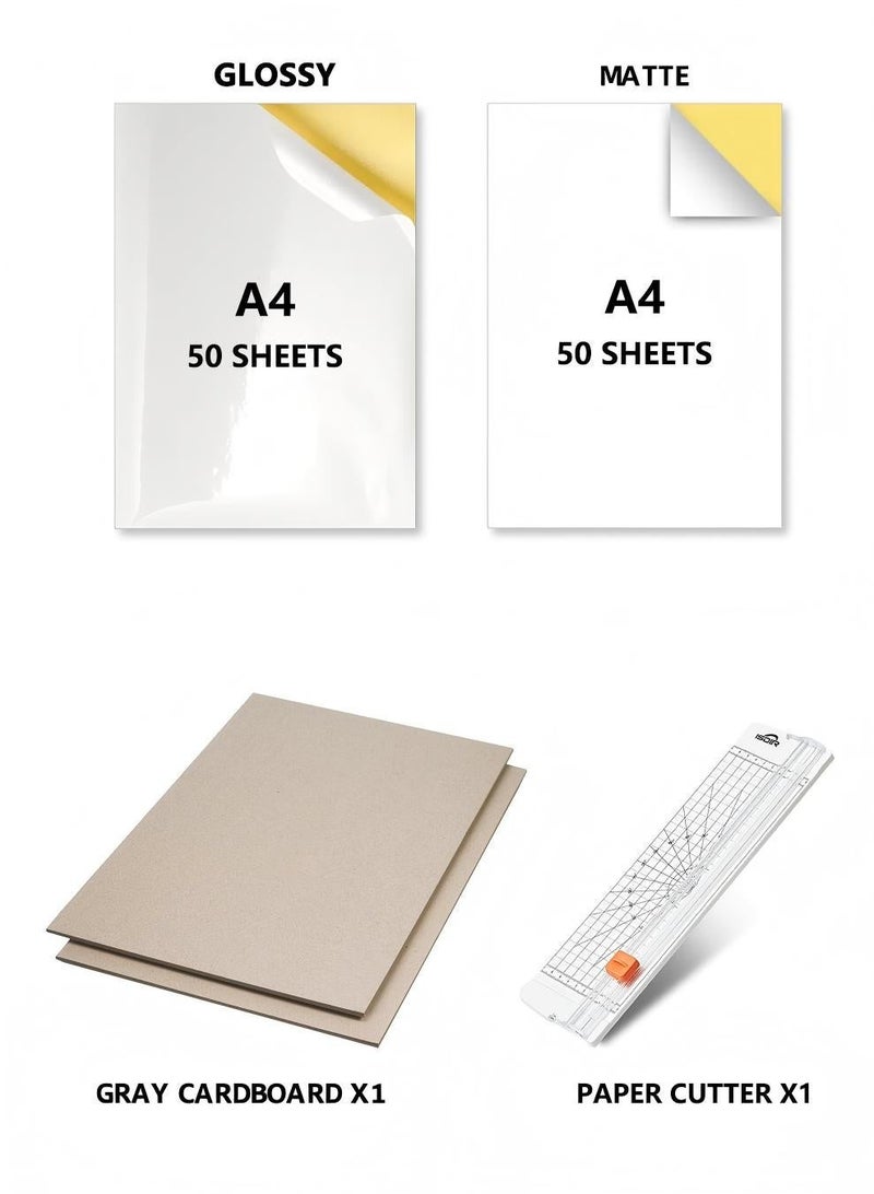 A4 Self-Adhesive Sticker Paper Set – 100 Printable Sheets (50 Matte + 50 Glossy) with Paper Cutter & Protective Cardboard, Compatible with Inkjet & Most Laser Printers, for Labels, Packaging & DIY Crafts (White) - Image 1
